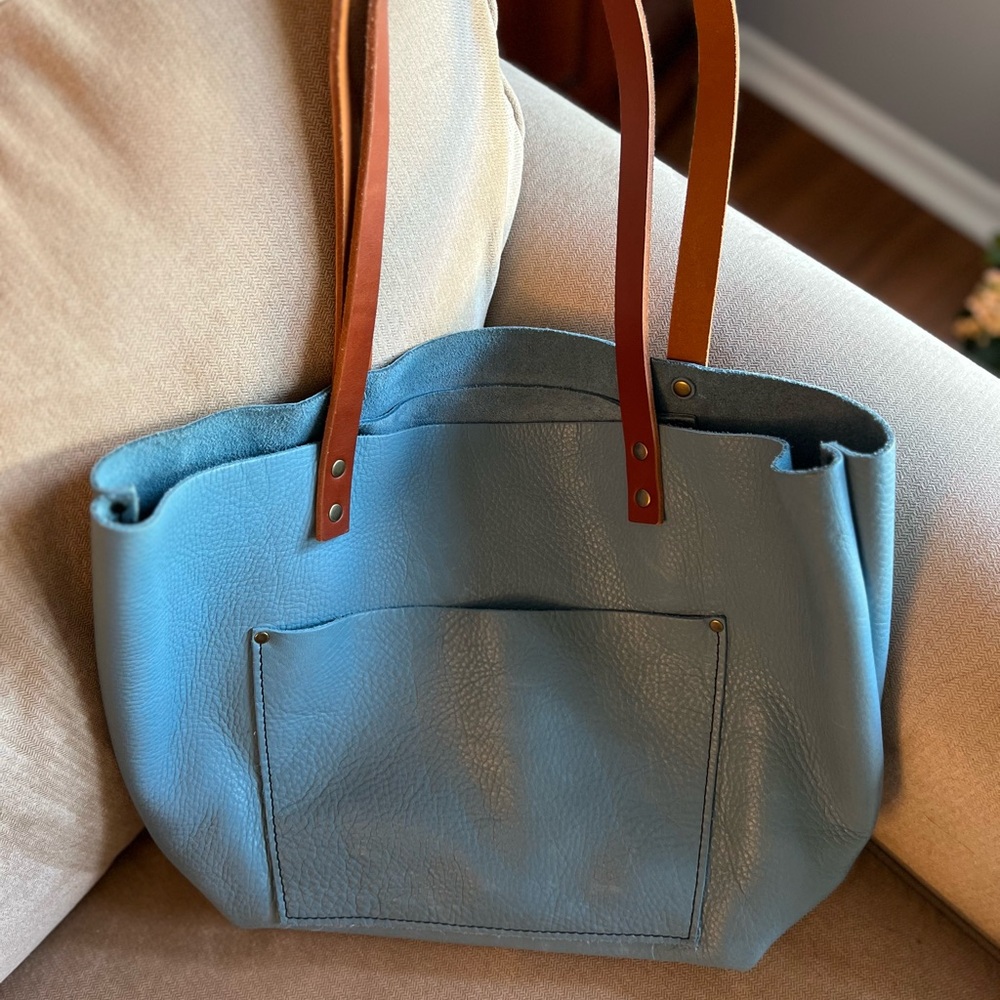 Blue Leather Tote Bag with Tan Straps